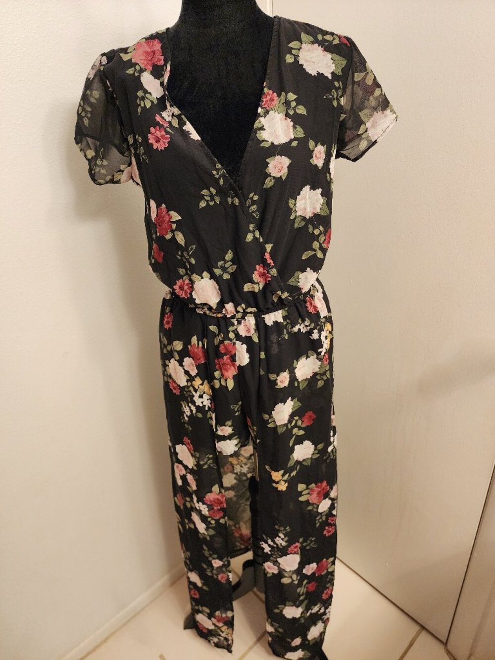 New Look M Black Floral Chiffon Wrap Romper Maxi Overlay